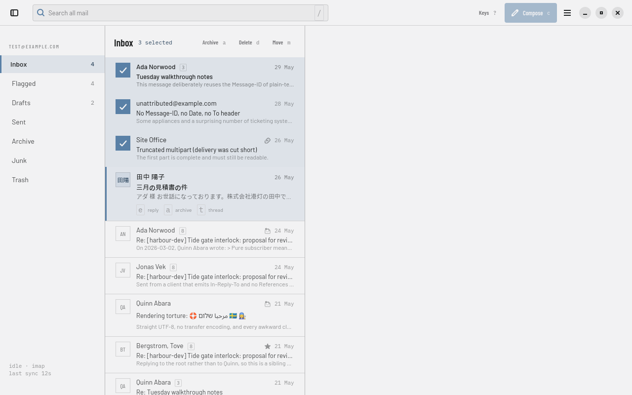 Three messages selected in Postio's inbox, with an Archive / Delete / Move action bar in the list header.