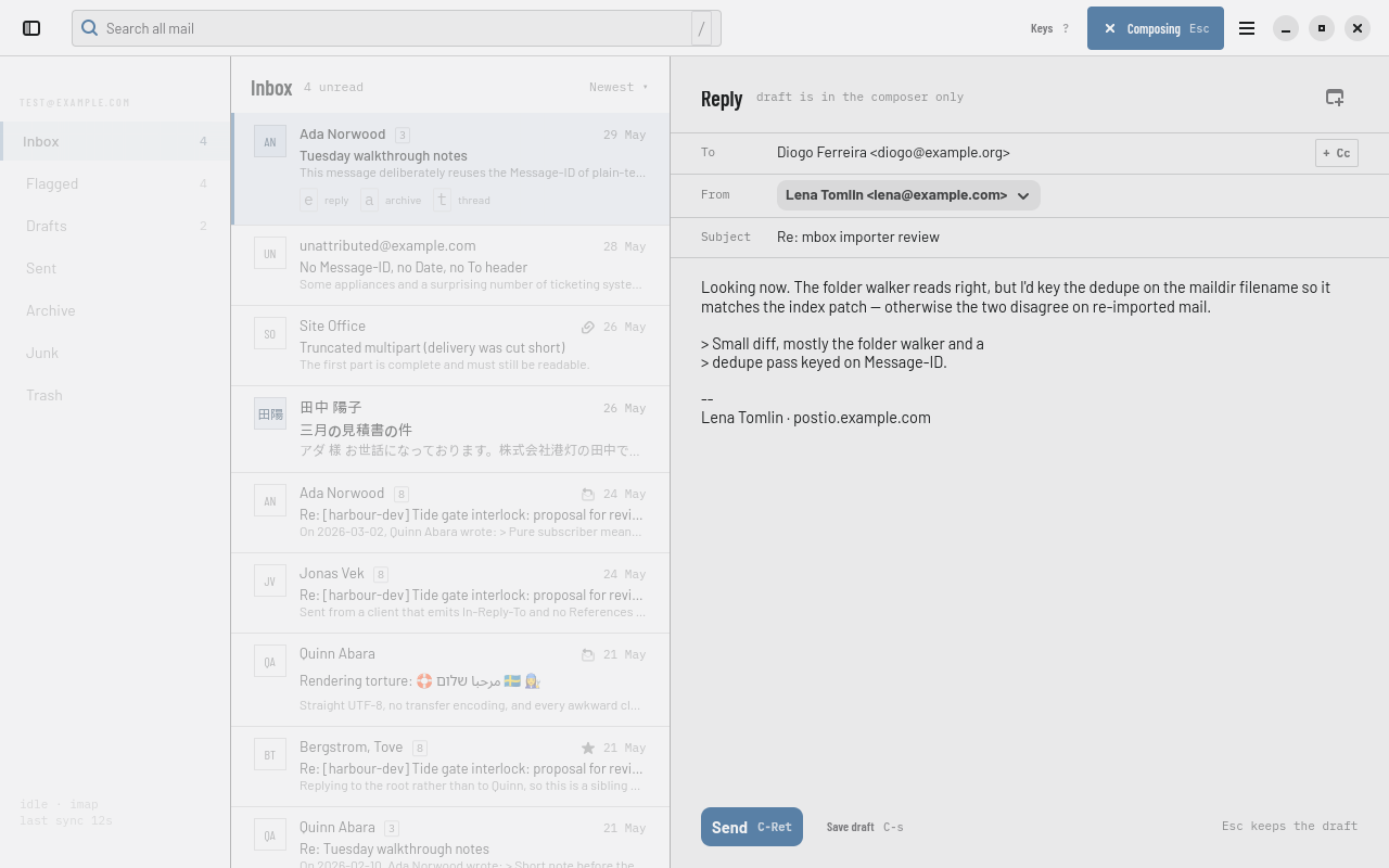 Postio's composer open over the reading pane, replying to a message, with the message list still visible on the left.