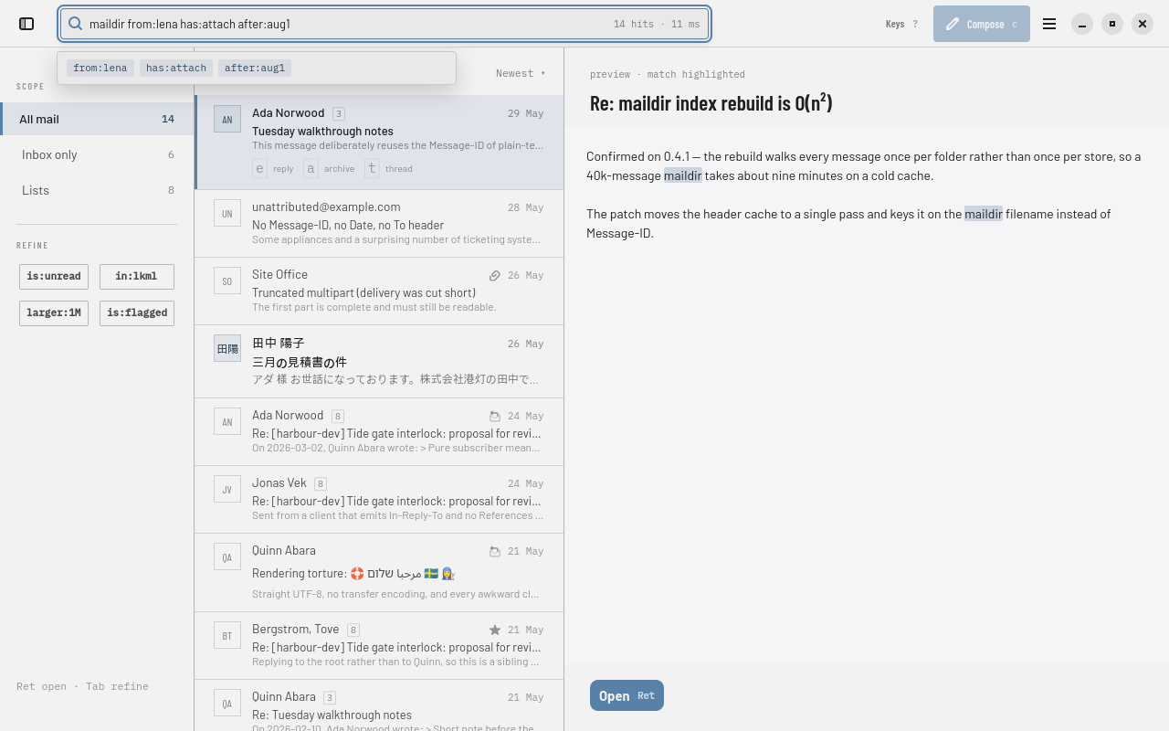 Postio's search results, with the reading pane open on a matched message and matched terms highlighted.